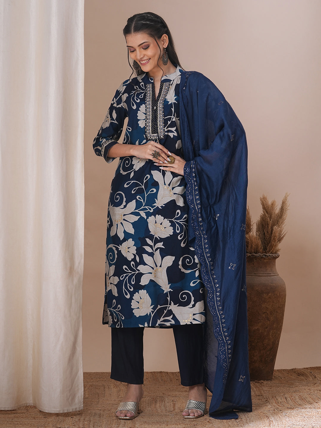Abstract Floral Printed & Embroidered Straight Kurta with Pant & Dupatta - Blue