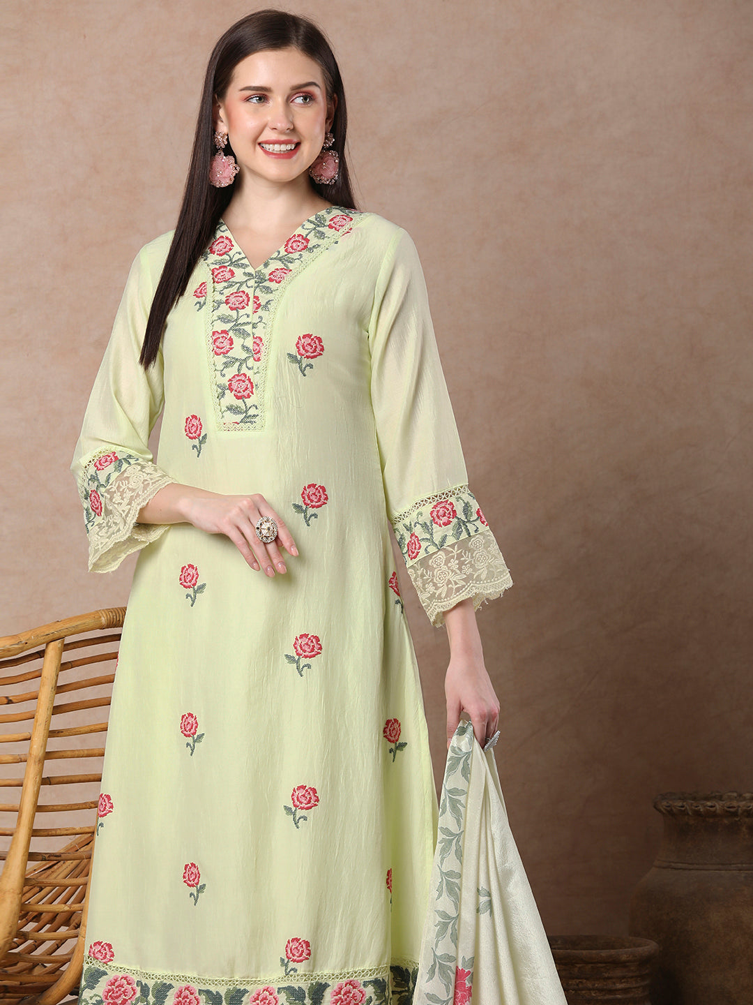 Solid Floral Cross Stitch Embroidered A-Line Flared Kurta with Pant & Dupatta - Mint Yellow