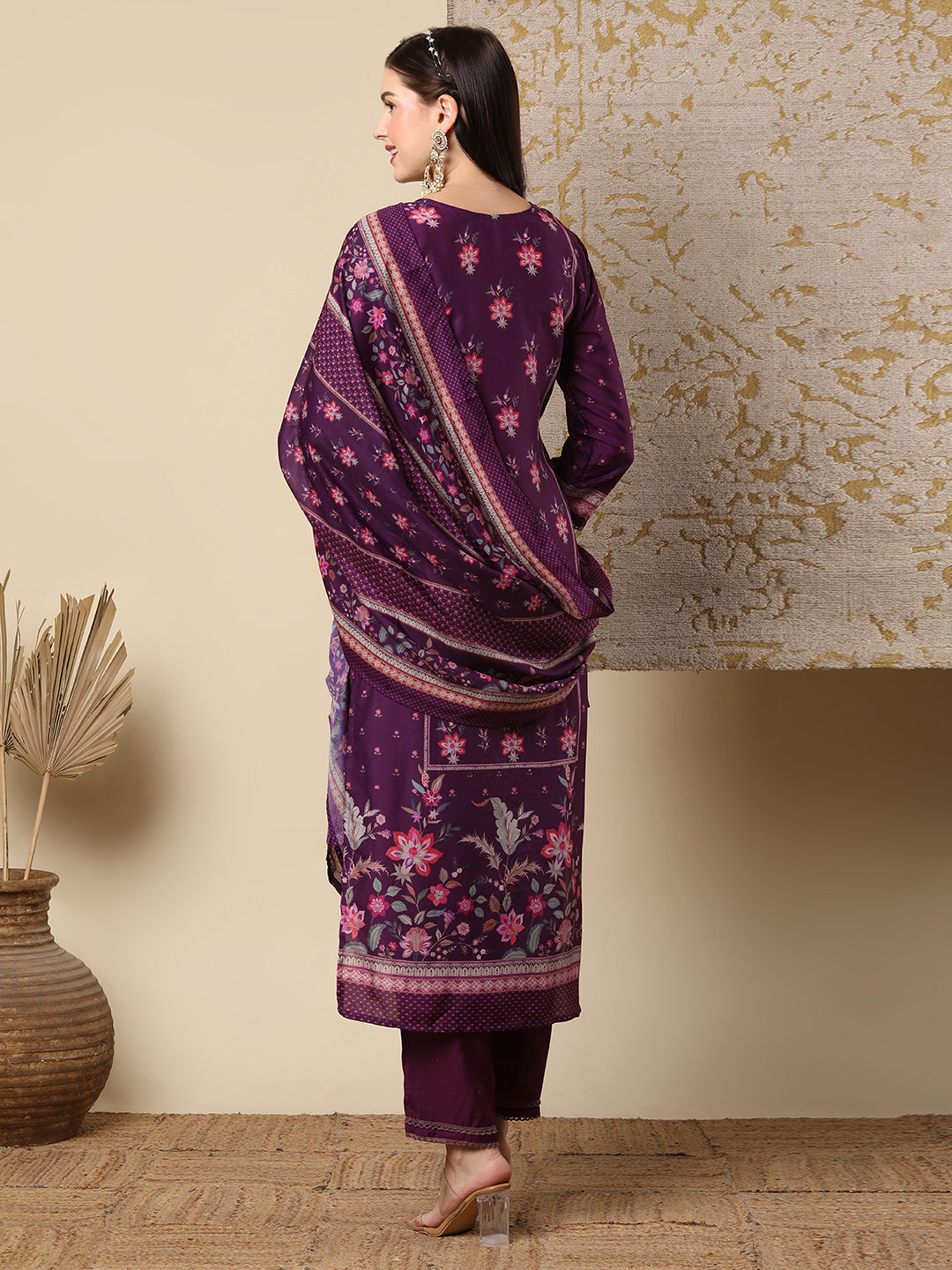 Fusion Floral Printed & Embroidered Straight Cut Kurta with Pant & Dupatta - Purple