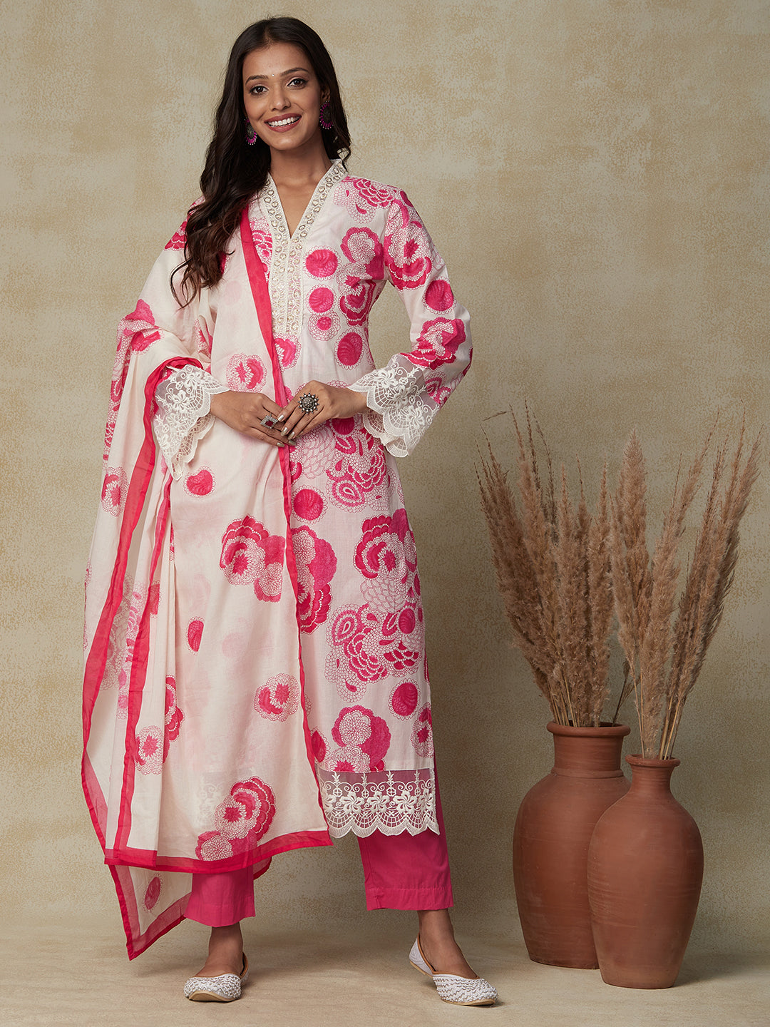 Floral Printed Resham & Sequins Embroidered Lace Work Kurta With Pants & Dupatta - Off White -