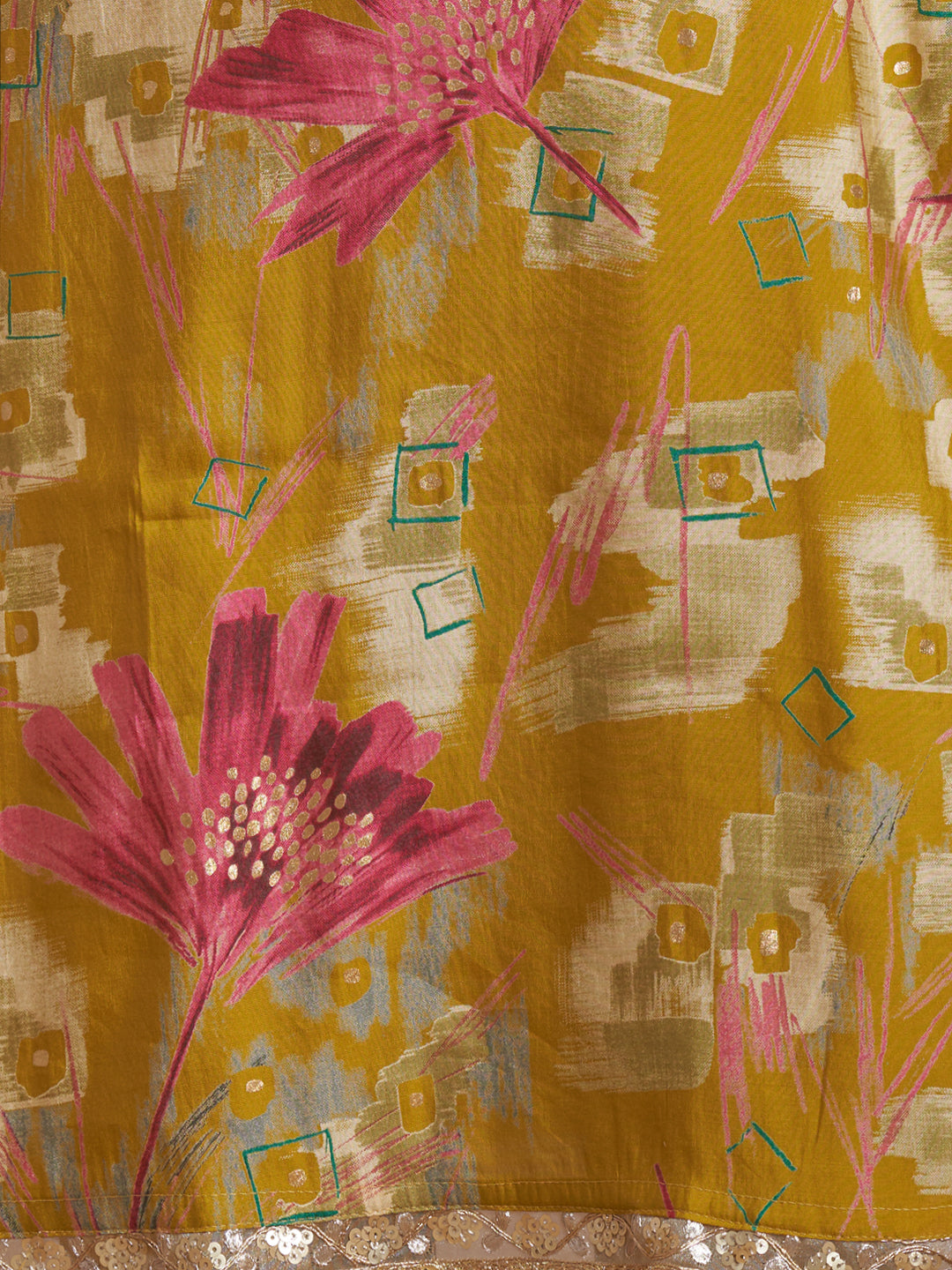 Abstract Printed & Embroidered Straight Fit Kurta with Pant & Dupatta - Mustard Green