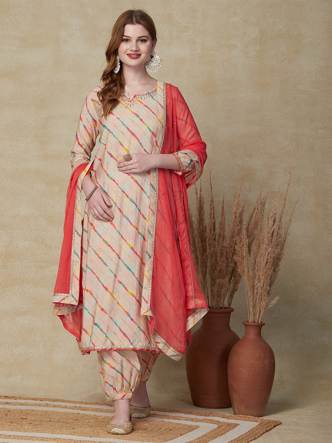 Lehriya Foil Printed Zari & Mirror Embroidered Kurta with Salwar & Dupatta - Multi -