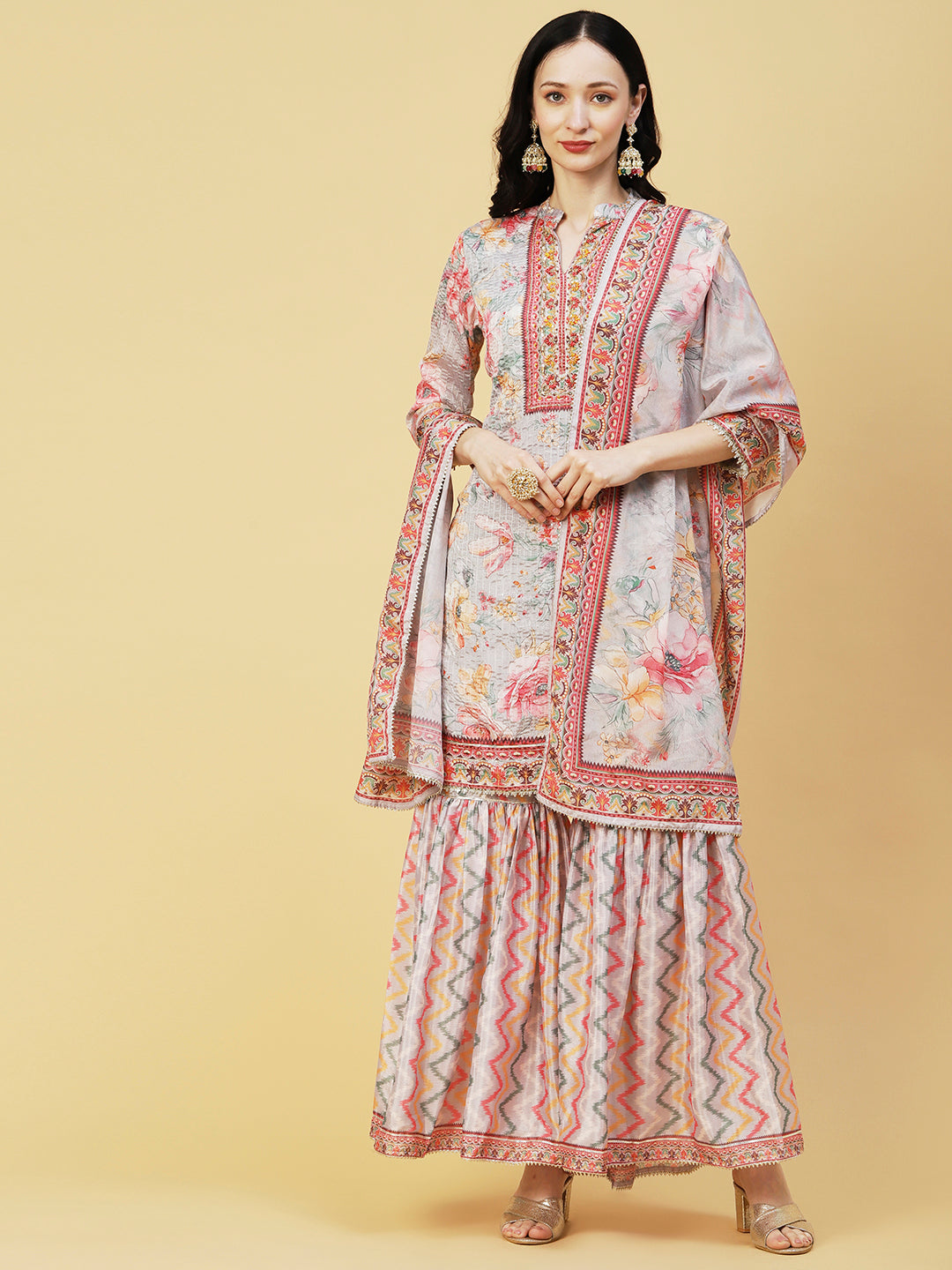 Abstract Floral Printed & Embroidered Straight Kurta with Sharara & Dupatta - Grey