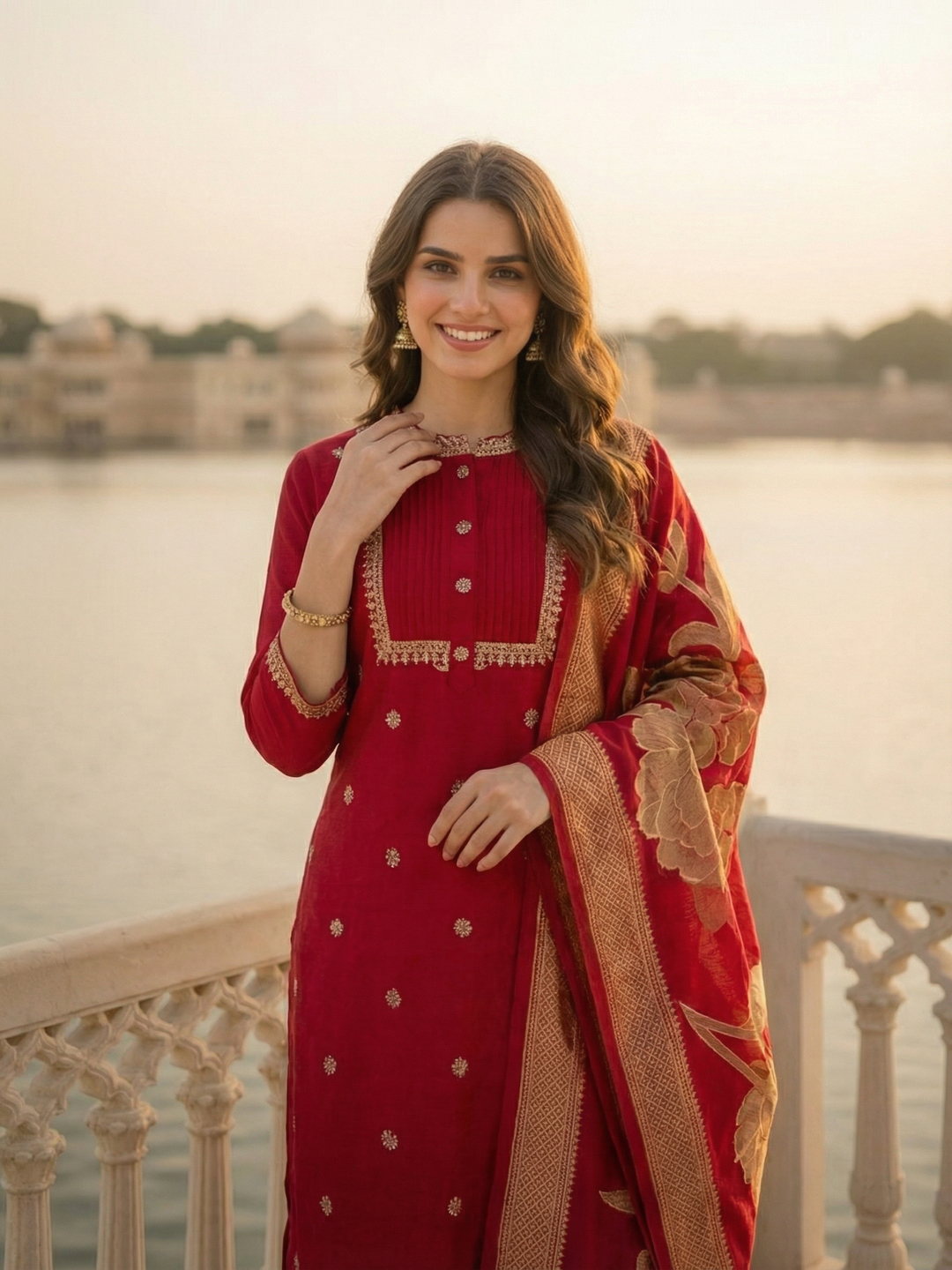 Solid Ethnic Embroidered Straight Kurta with Pant & Dupatta - Maroon