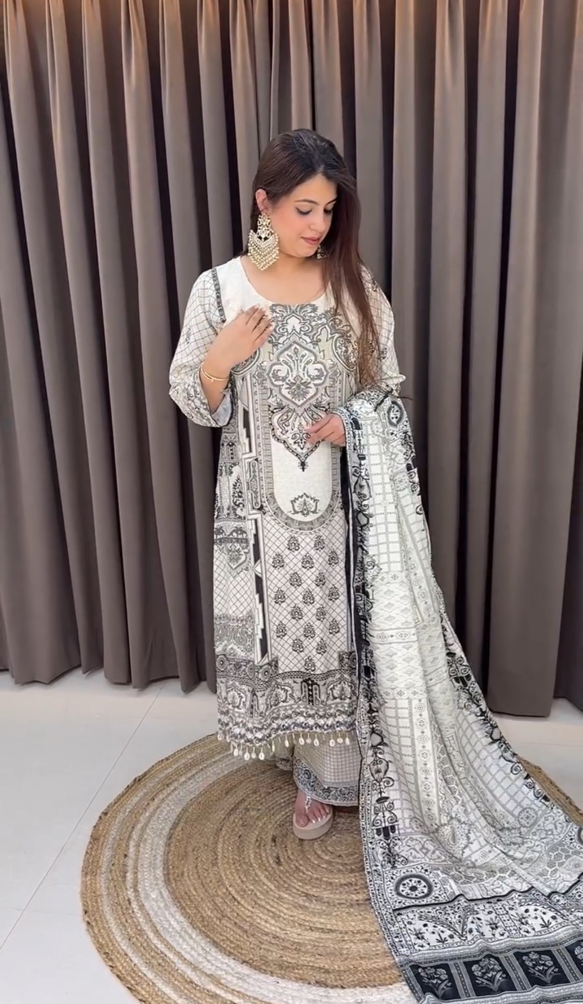 Dobby Design Resham & Mirror Embroidered Kurta with Palazzo & Hand Painted Dupatta - White