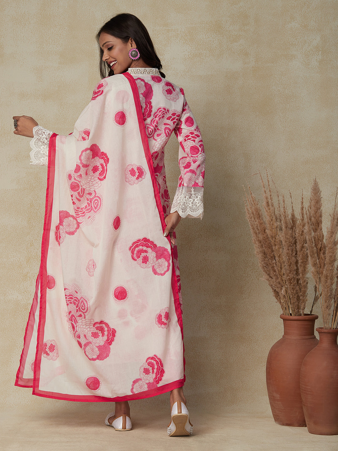 Floral Printed Resham & Sequins Embroidered Lace Work Kurta With Pants & Dupatta - Off White -