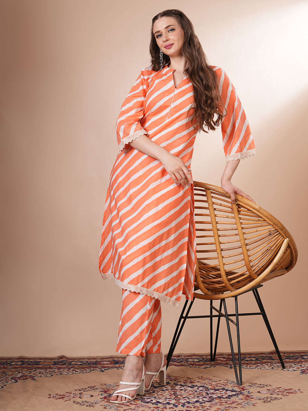 Leheriya Printed A-Line Co-ord Set - Peach