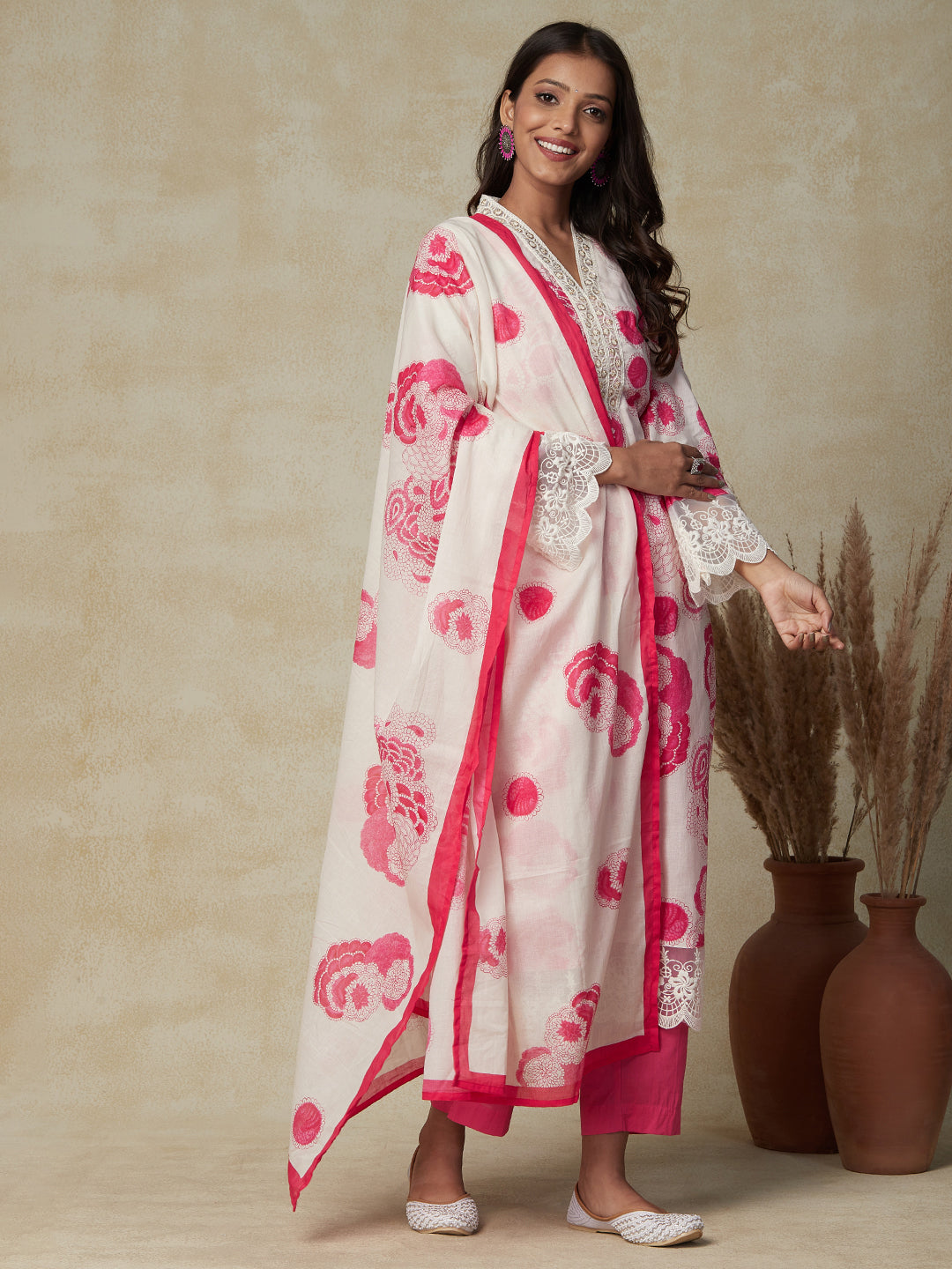 Floral Printed Resham & Sequins Embroidered Lace Work Kurta With Pants & Dupatta - Off White -