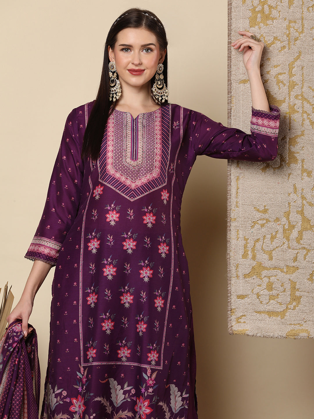 Fusion Floral Printed & Embroidered Straight Cut Kurta with Pant & Dupatta - Purple