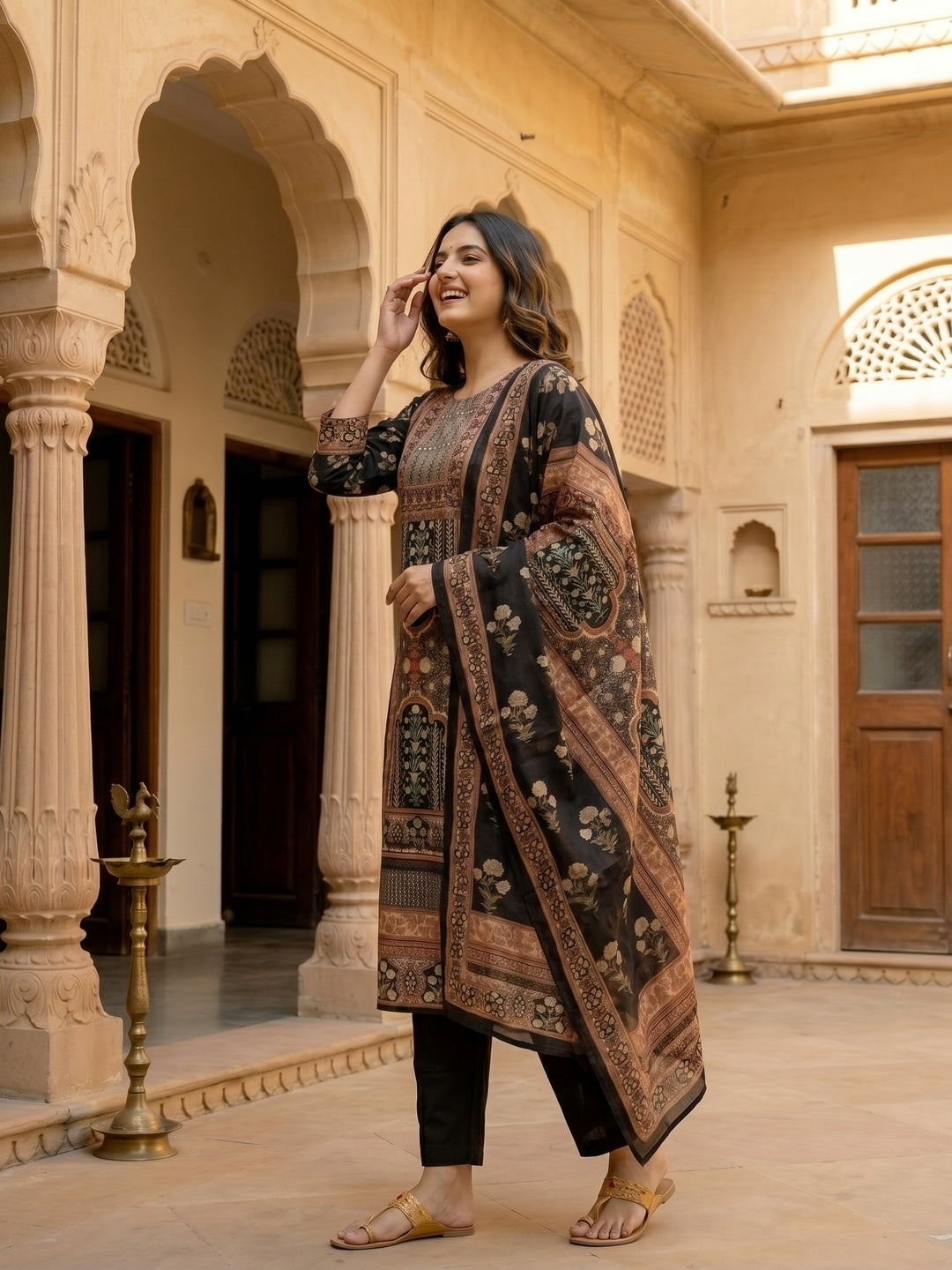 Ethnic Printed & Embroidered Straight Kurta with Pant & Dupatta - Black