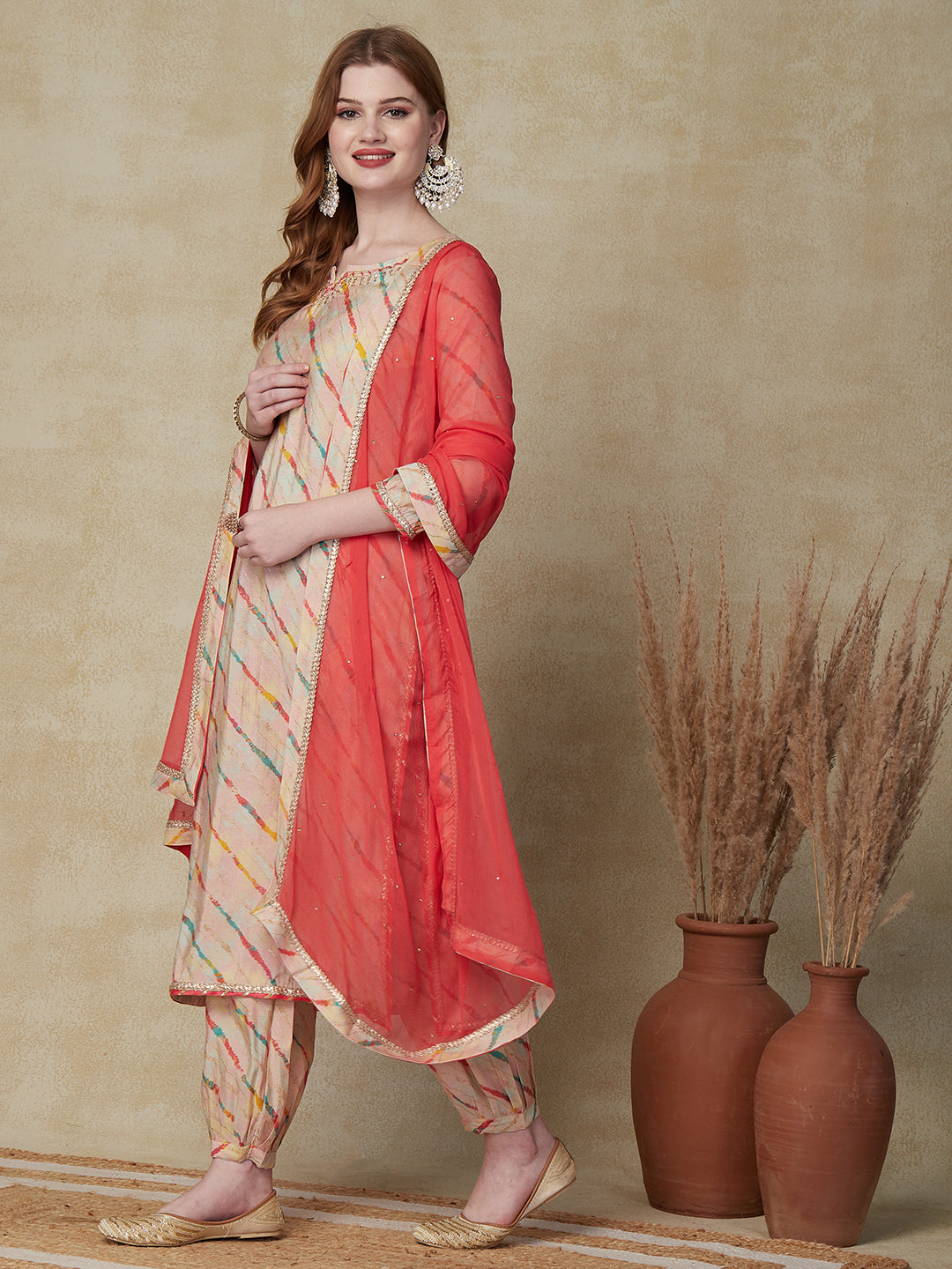 Lehriya Foil Printed Zari & Mirror Embroidered Kurta with Salwar & Dupatta - Multi -