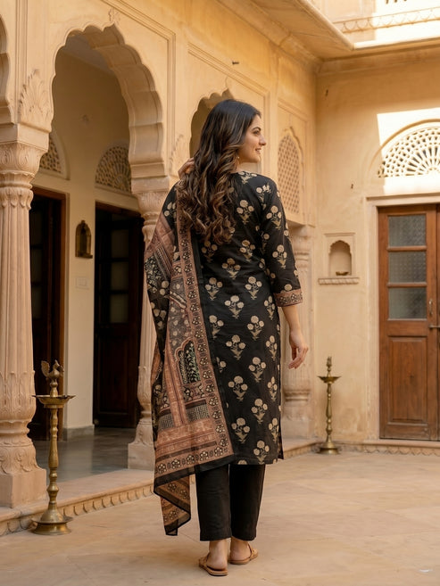Ethnic Printed & Embroidered Straight Kurta with Pant & Dupatta - Black