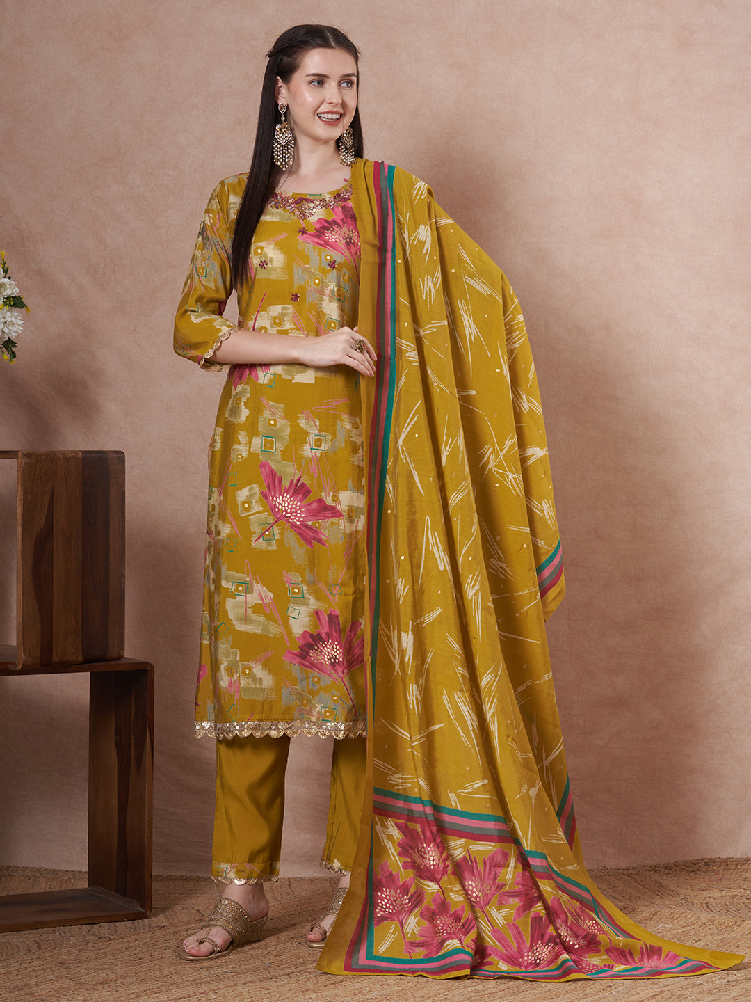 Abstract Printed & Embroidered Straight Fit Kurta with Pant & Dupatta - Mustard Green