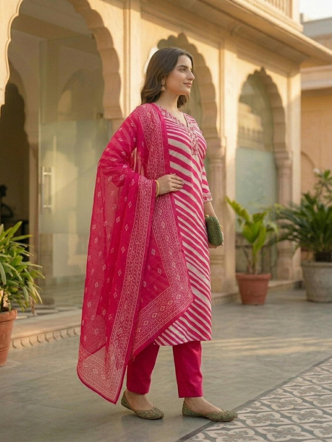 Leheriya Printed & Embroidered Straight Kurta with Palazzo & Dupatta - Pink