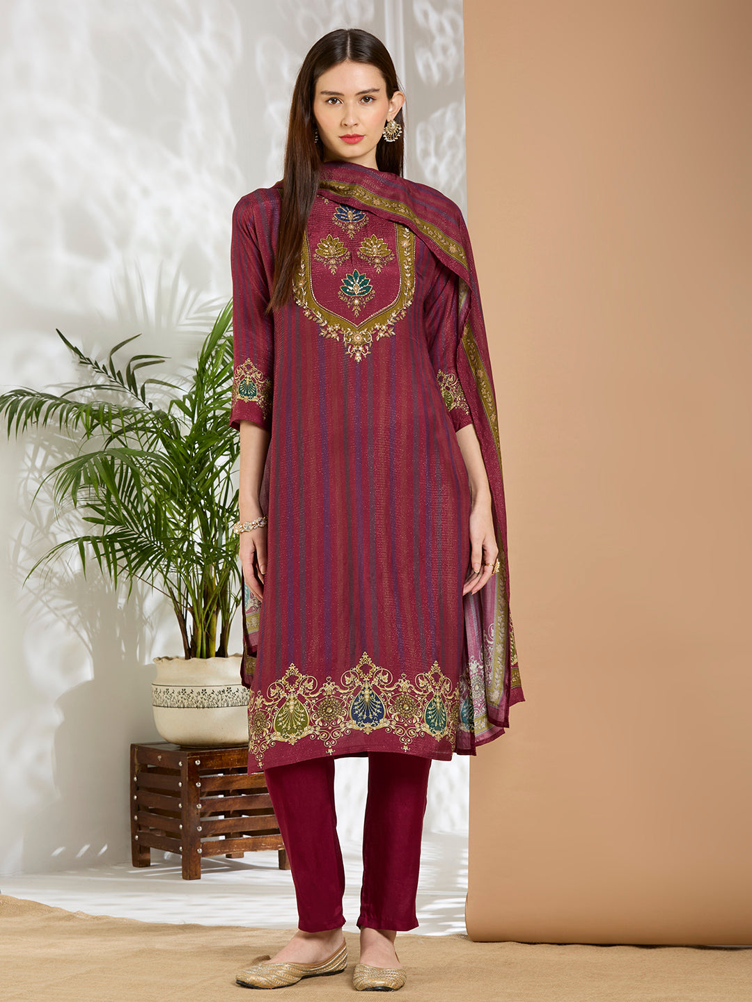 Ethnic Floral Printed & Embroidered Straight Fit Kurta with Pant and Dupatta - Burgundy