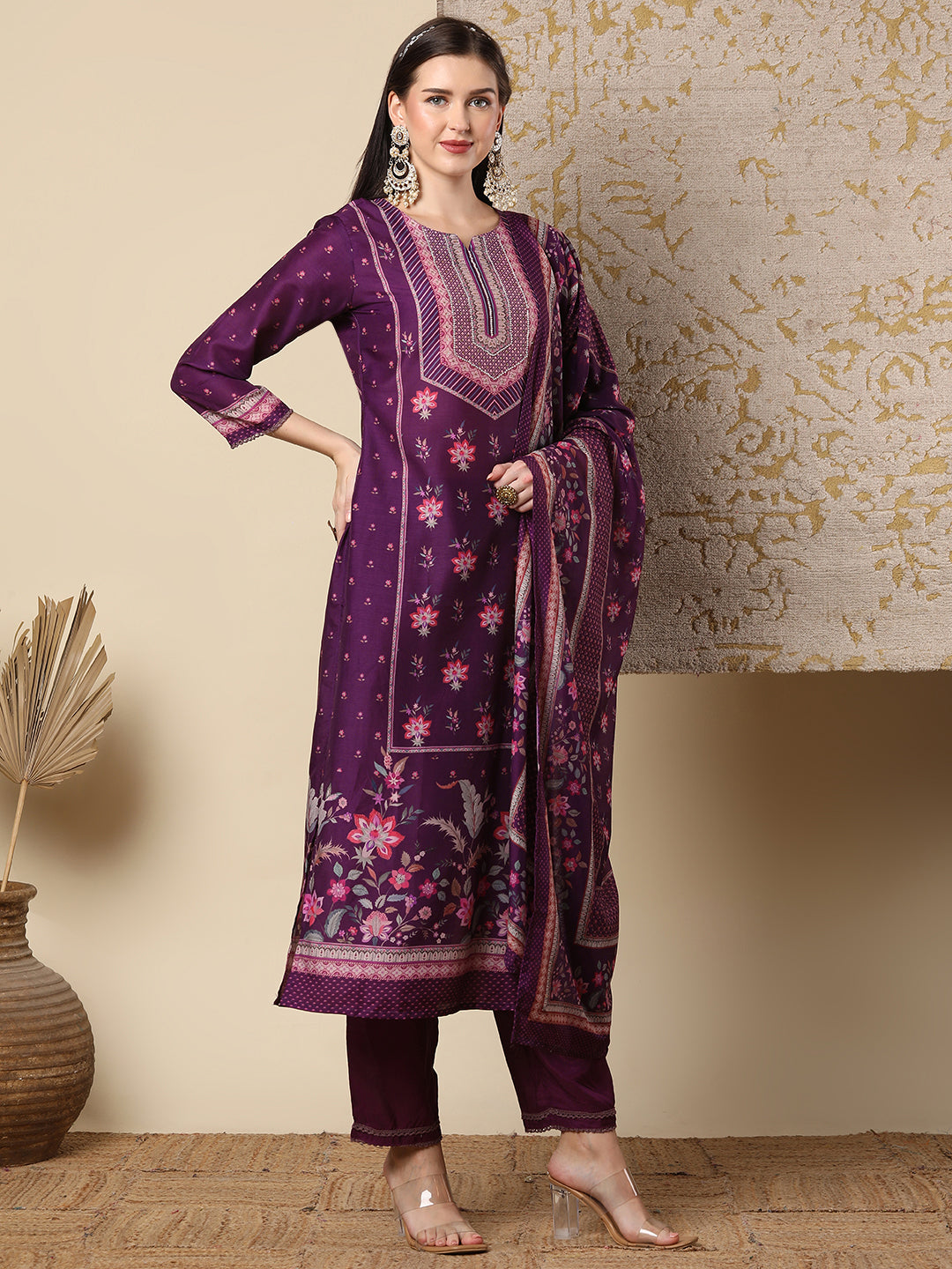 Fusion Floral Printed & Embroidered Straight Cut Kurta with Pant & Dupatta - Purple