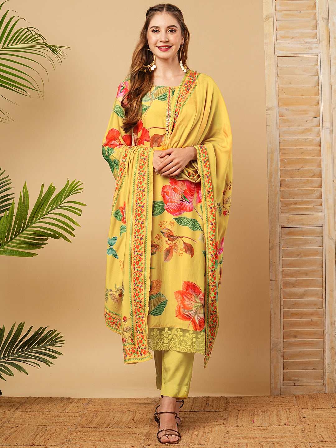 Yellow Floral Printed Salwar Kameez Set
