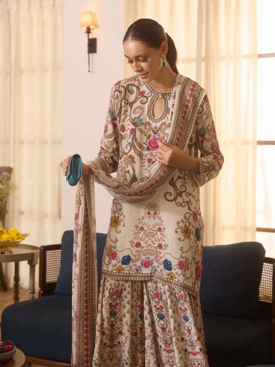 BEIGE FLORAL EMBROIDERED KURTI WITH SHARARA AND DUPPATA (SET OF 3)