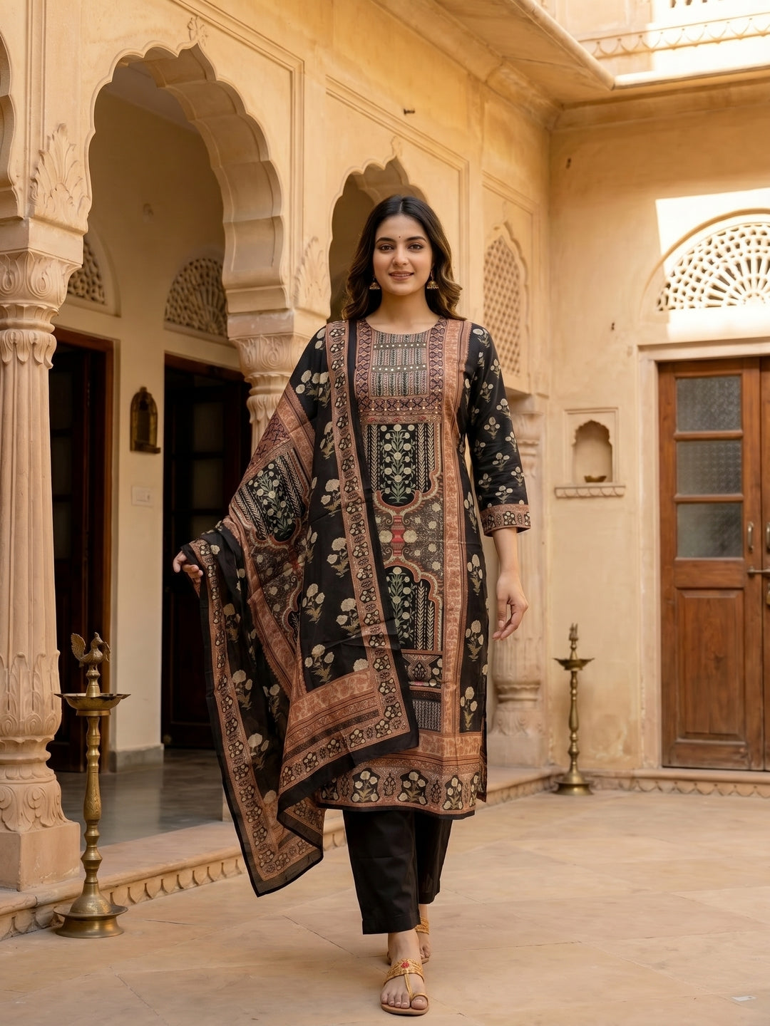 Ethnic Printed & Embroidered Straight Kurta with Pant & Dupatta - Black