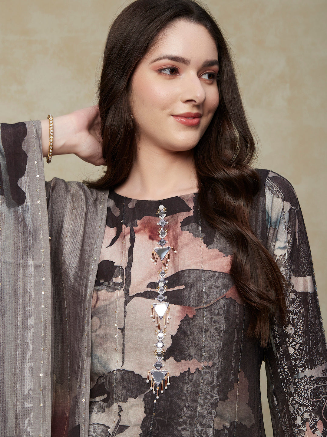 Abstract Printed Mirror & Beads Embroidered Kurta with Pants & Dupatta - Charcoal 