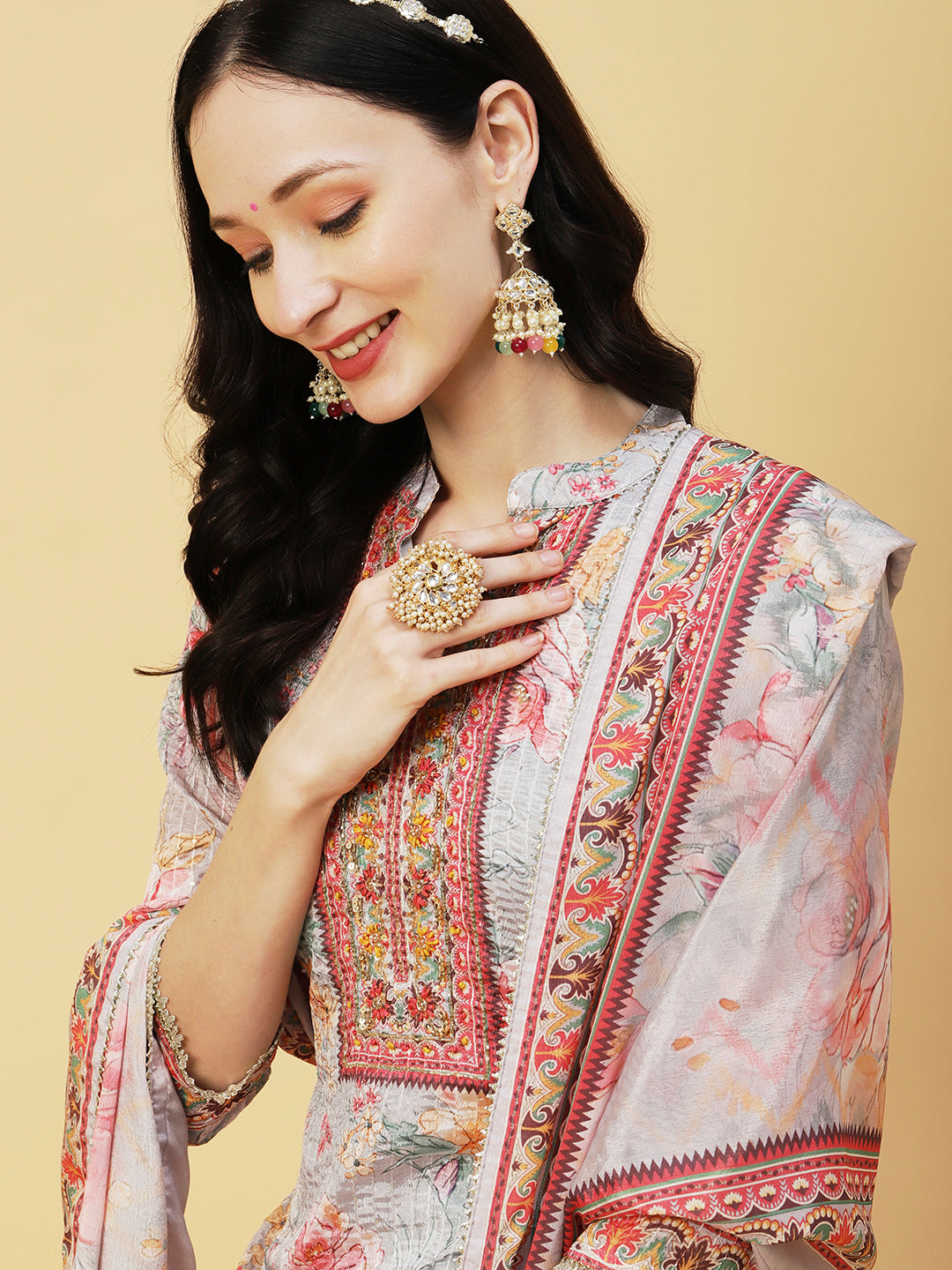 Abstract Floral Printed & Embroidered Straight Kurta with Sharara & Dupatta - Grey