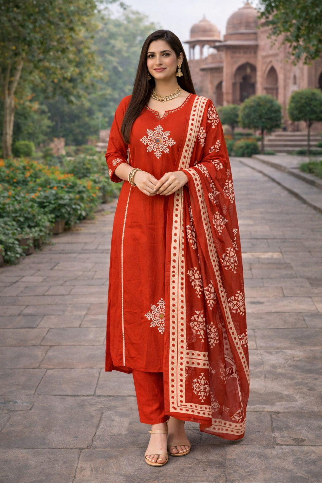 Floral embroidered A-line Kurta with Pant & Dupatta - orange 