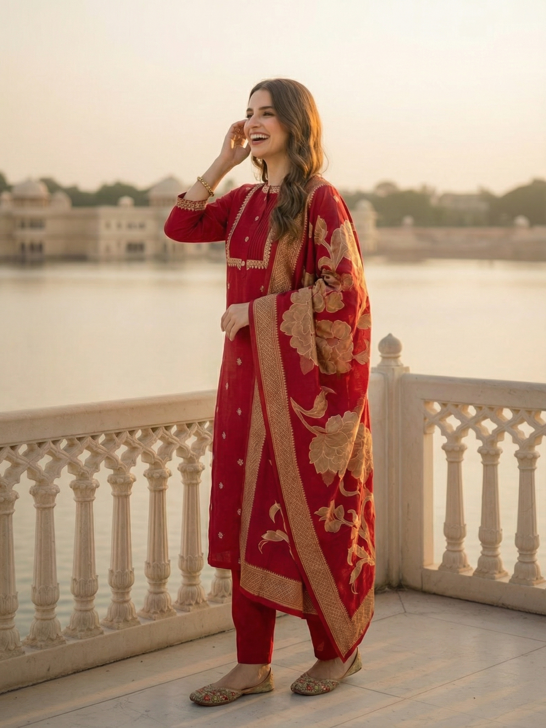 Solid Ethnic Embroidered Straight Kurta with Pant & Dupatta - Maroon
