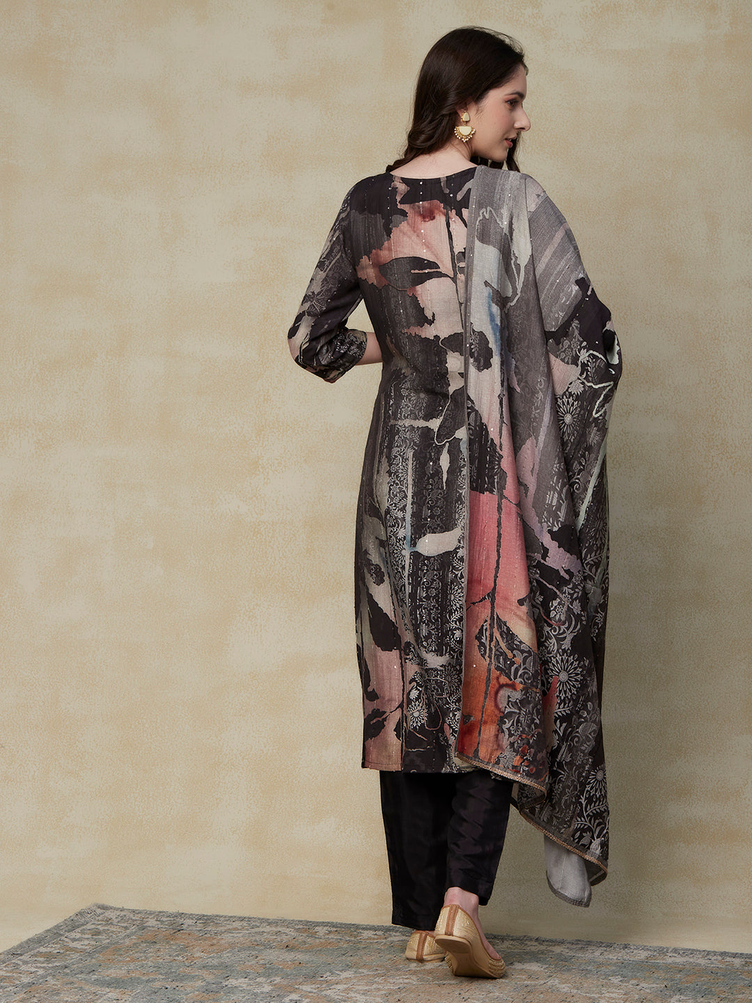 Abstract Printed Mirror & Beads Embroidered Kurta with Pants & Dupatta - Charcoal 