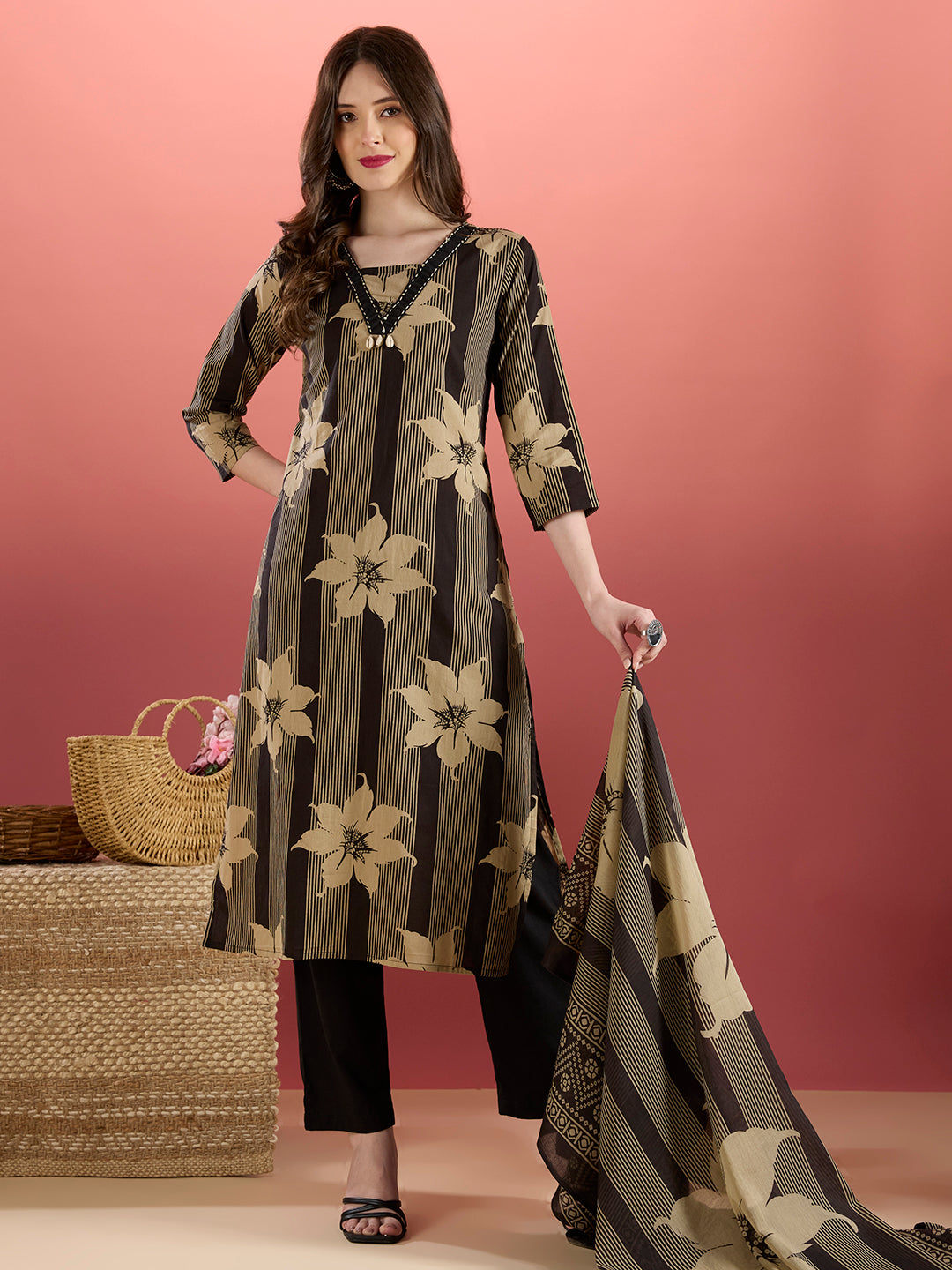 Stripes & Floral Printed Straight Kurta with Pant & Dupatta - Black