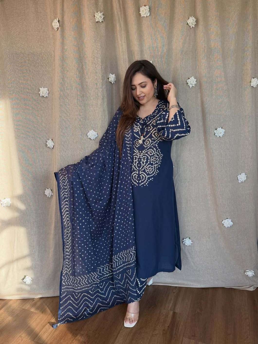 Bandhani Printed Mirror Work A-Line Kurta with Palazzo & Dupatta - Blue