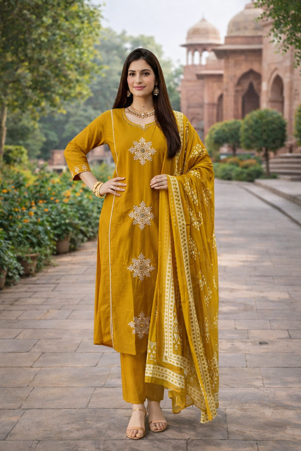 Floral embroidered A-line Kurta with Pant & Dupatta - yellow