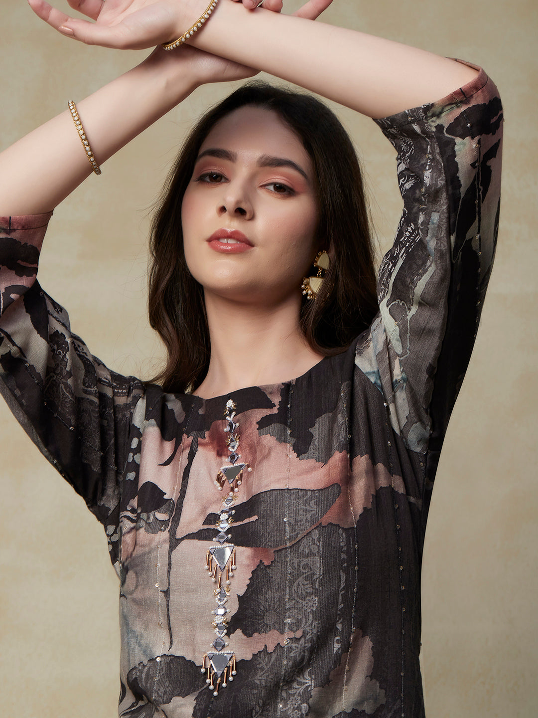 Abstract Printed Mirror & Beads Embroidered Kurta with Pants & Dupatta - Charcoal 