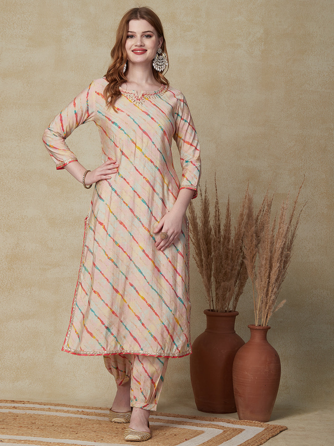 Lehriya Foil Printed Zari & Mirror Embroidered Kurta with Salwar & Dupatta - Multi -