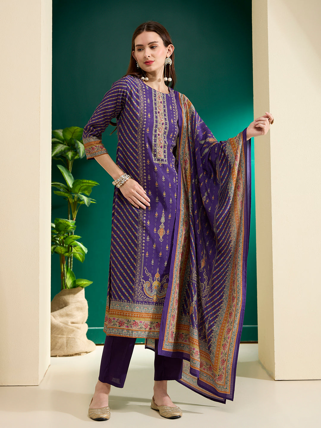 Ethnic Printed Straight Kurta with Pant & Dupatta - Purple