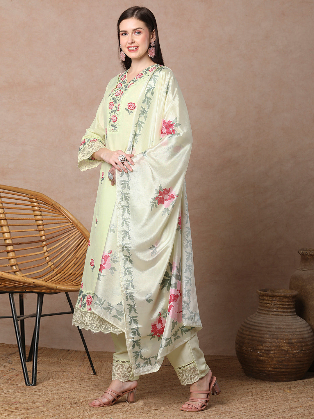 Solid Floral Cross Stitch Embroidered A-Line Flared Kurta with Pant & Dupatta - Mint Yellow