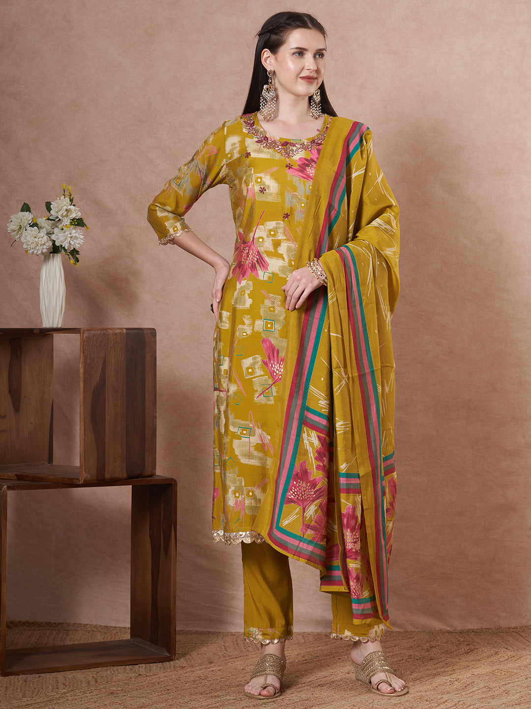 Abstract Printed & Embroidered Straight Fit Kurta with Pant & Dupatta - Mustard Green