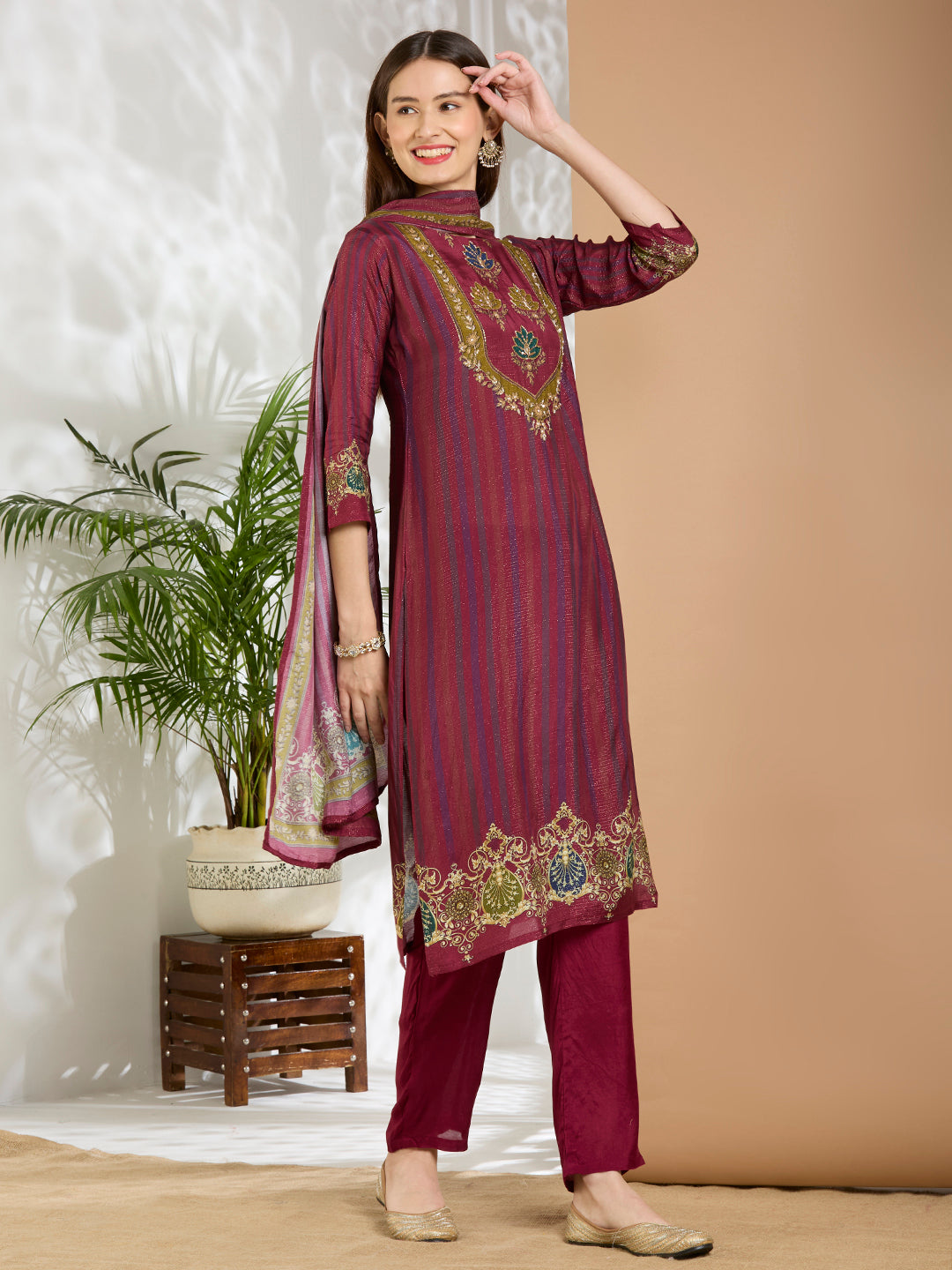 Ethnic Floral Printed & Embroidered Straight Fit Kurta with Pant and Dupatta - Burgundy