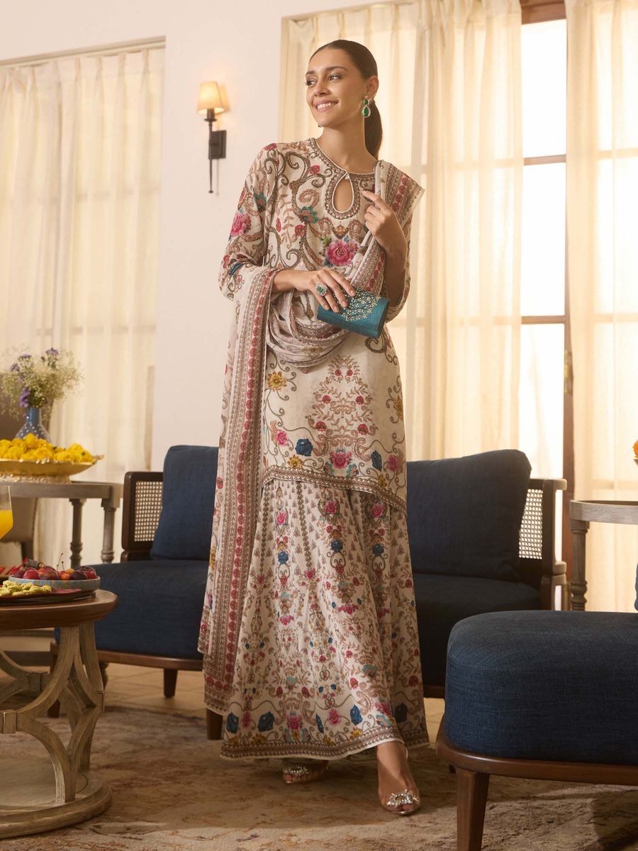 BEIGE FLORAL EMBROIDERED KURTI WITH SHARARA AND DUPPATA (SET OF 3)