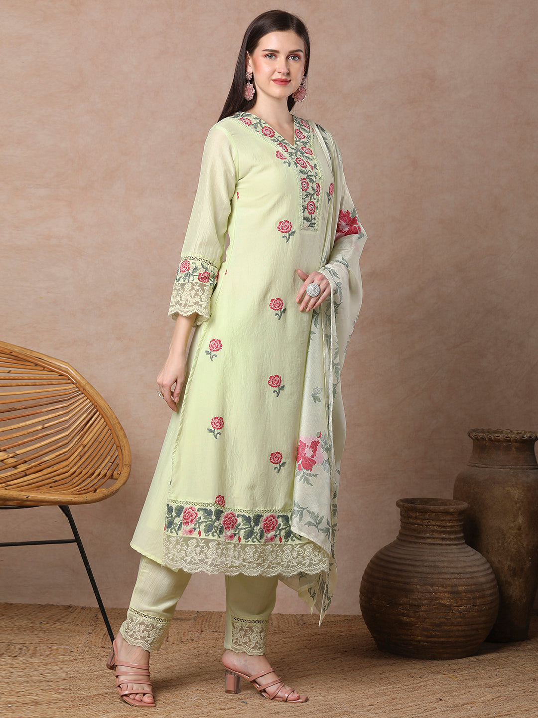 Solid Floral Cross Stitch Embroidered A-Line Flared Kurta with Pant & Dupatta - Mint Yellow