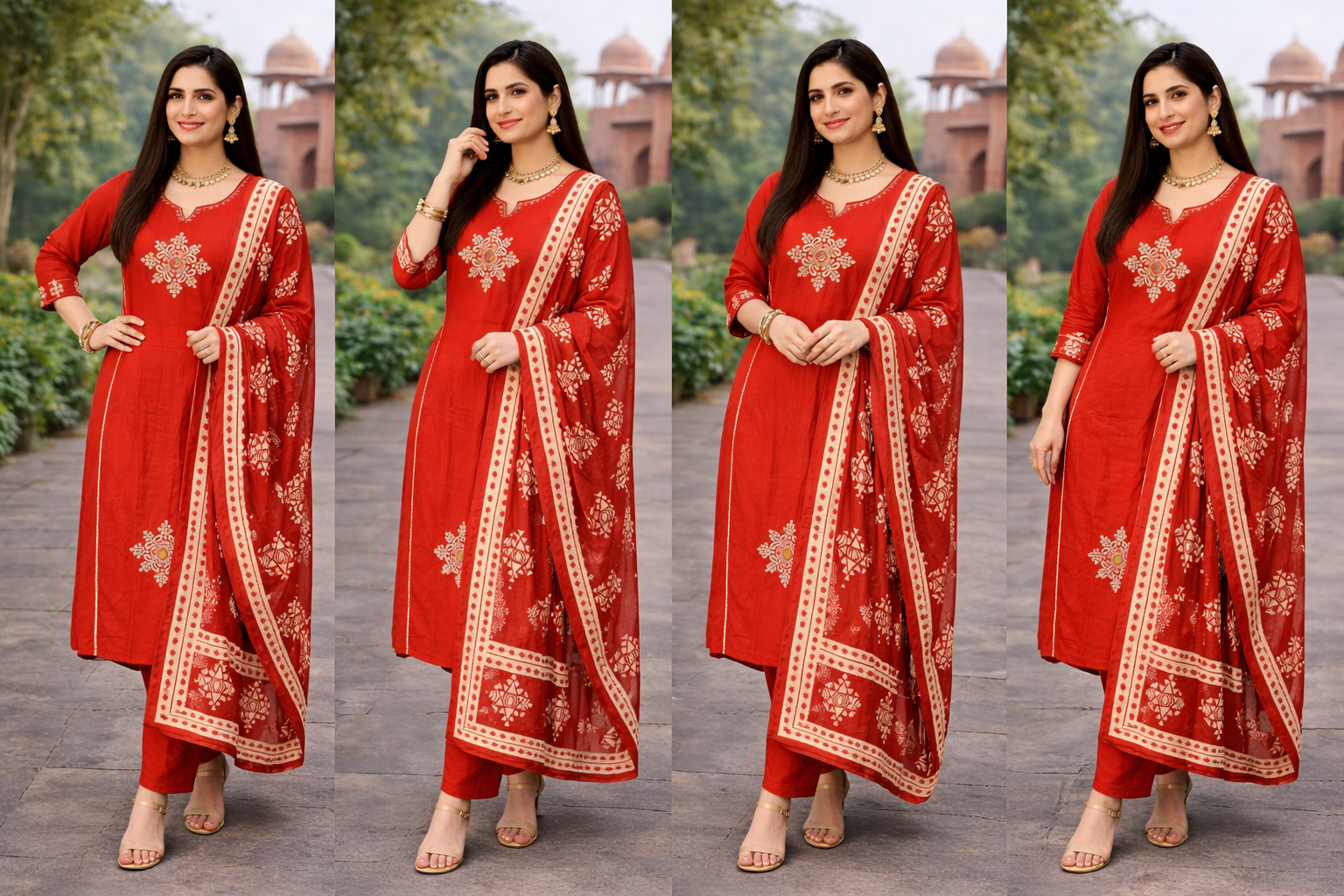 Floral embroidered A-line Kurta with Pant & Dupatta - orange 