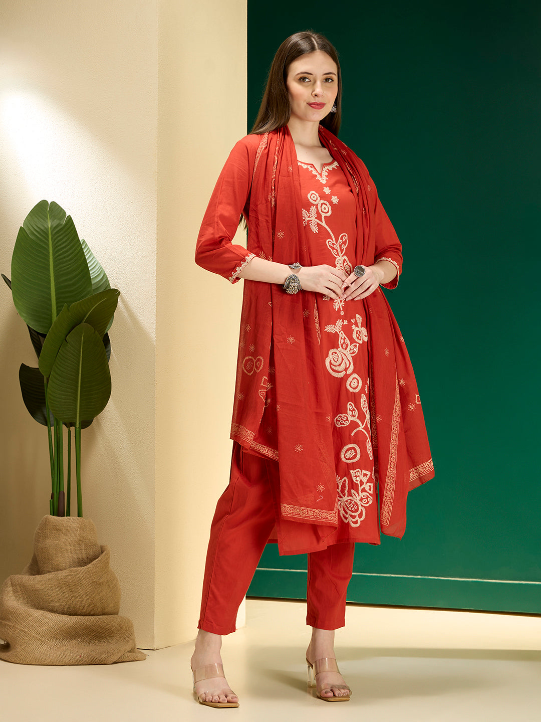 Solid Floral Embroidered Straight Kurta with Pant & Dupatta - Rust