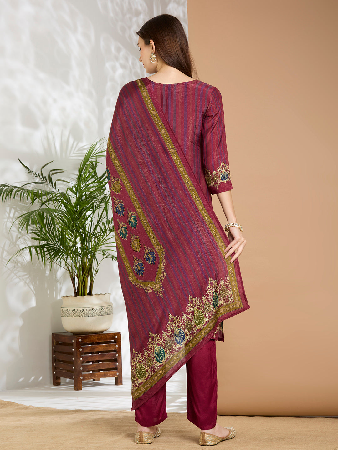 Ethnic Floral Printed & Embroidered Straight Fit Kurta with Pant and Dupatta - Burgundy