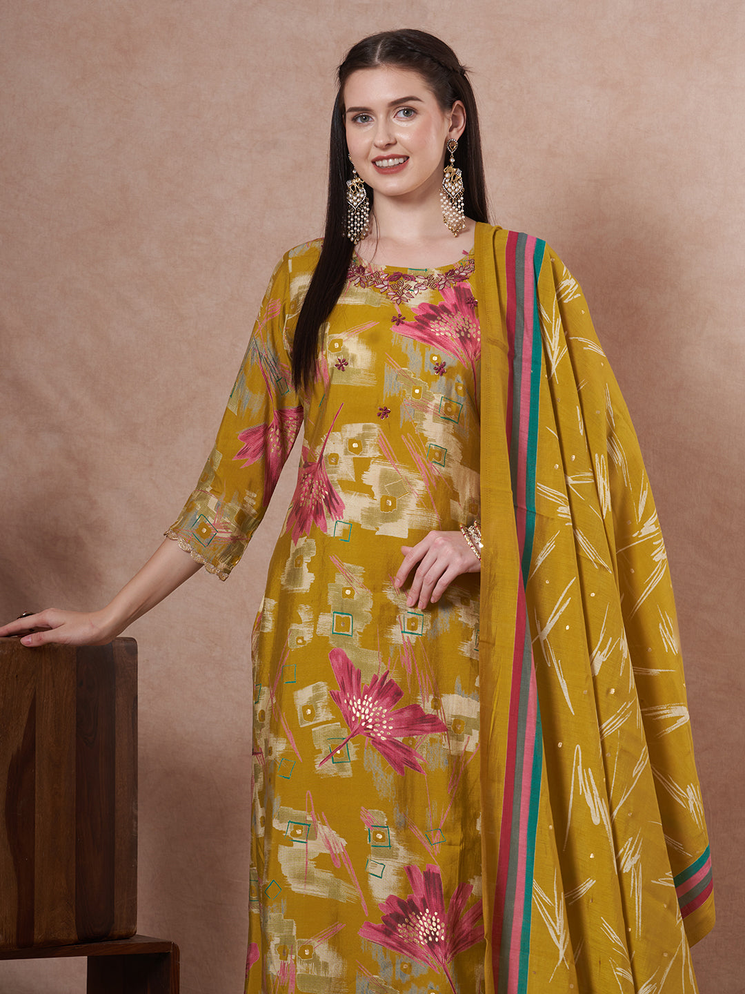 Abstract Printed & Embroidered Straight Fit Kurta with Pant & Dupatta - Mustard Green