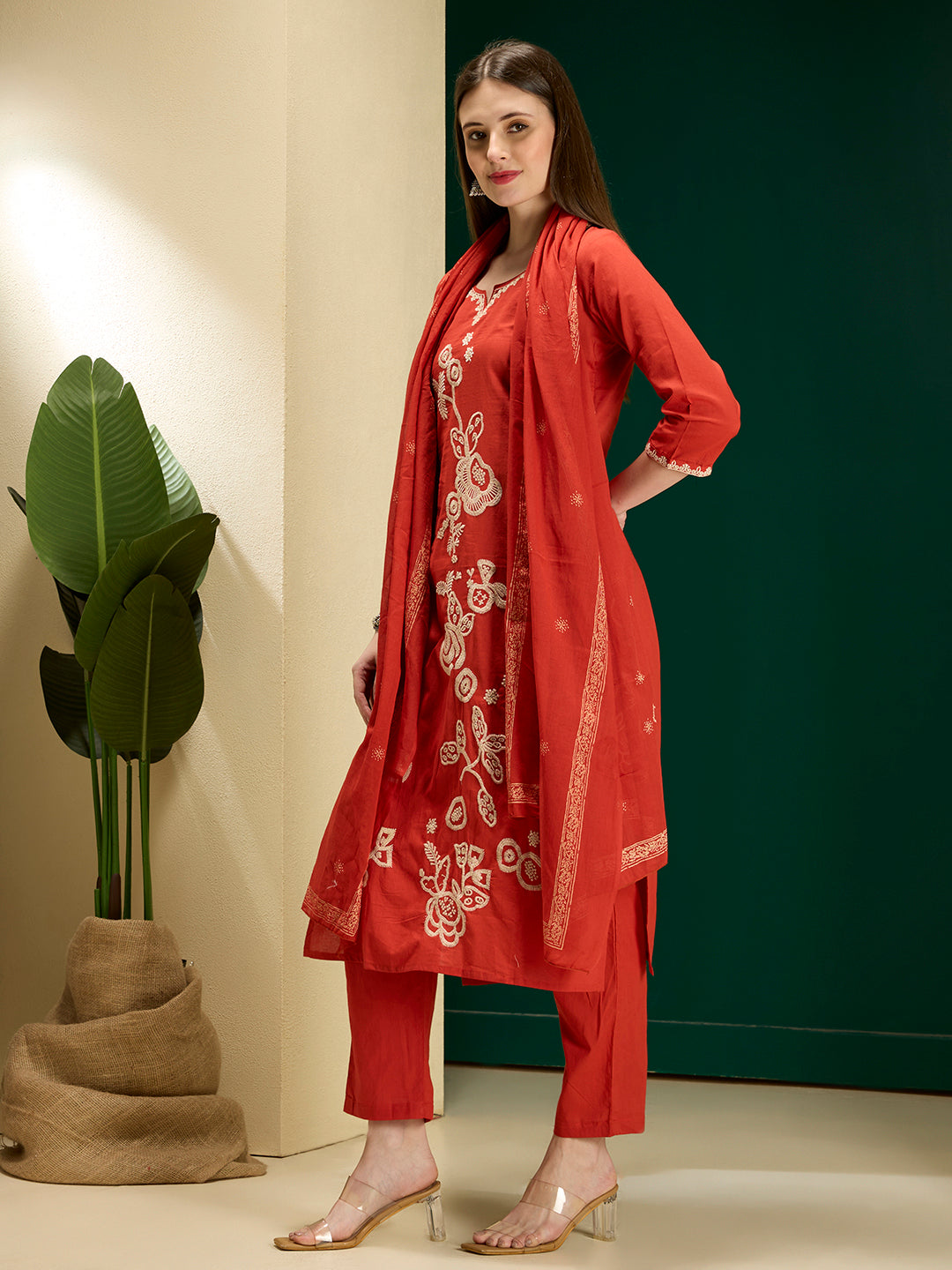 Solid Floral Embroidered Straight Kurta with Pant & Dupatta - Rust