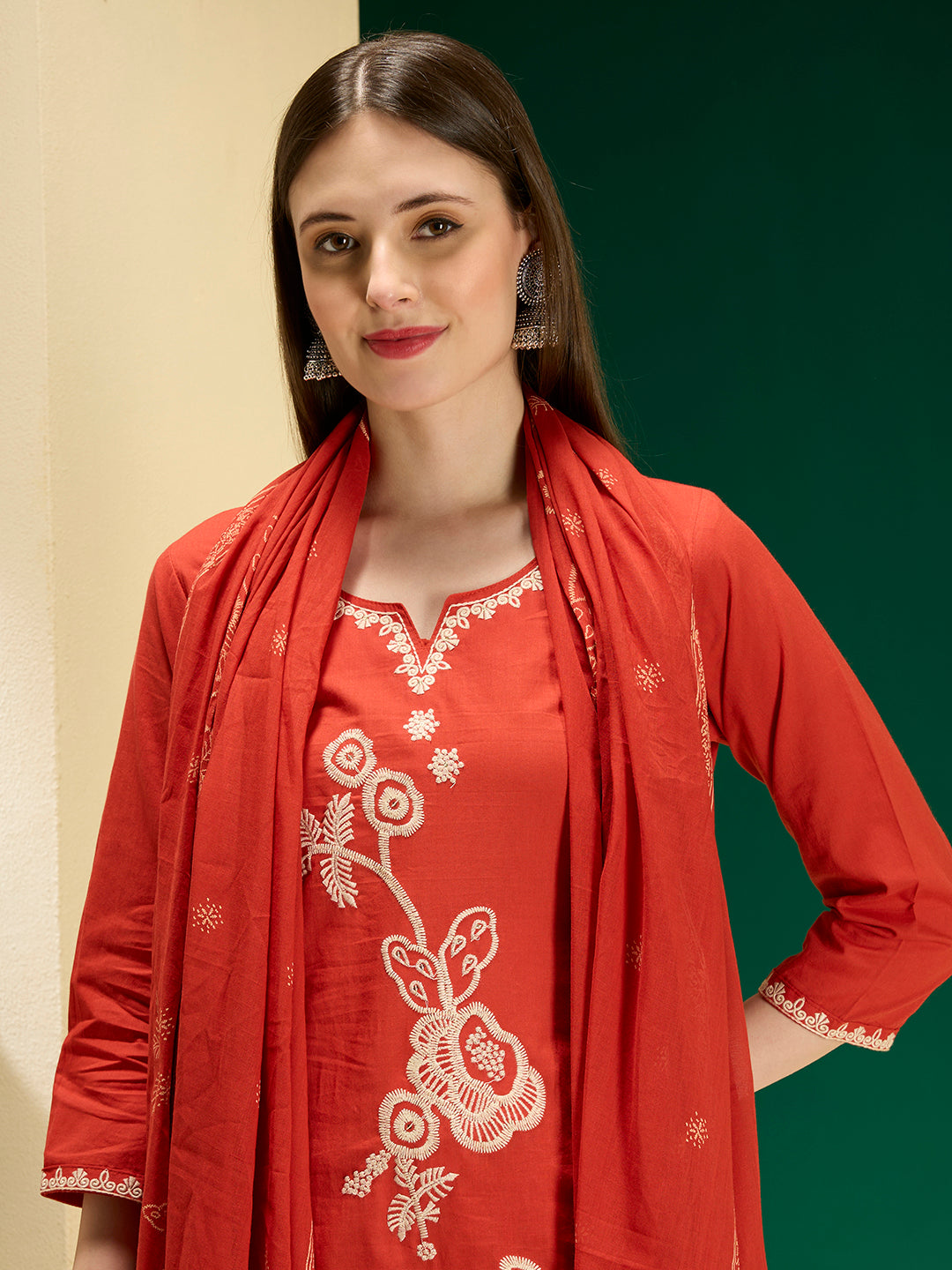 Solid Floral Embroidered Straight Kurta with Pant & Dupatta - Rust