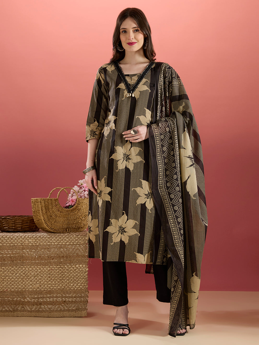 Stripes & Floral Printed Straight Kurta with Pant & Dupatta - Black