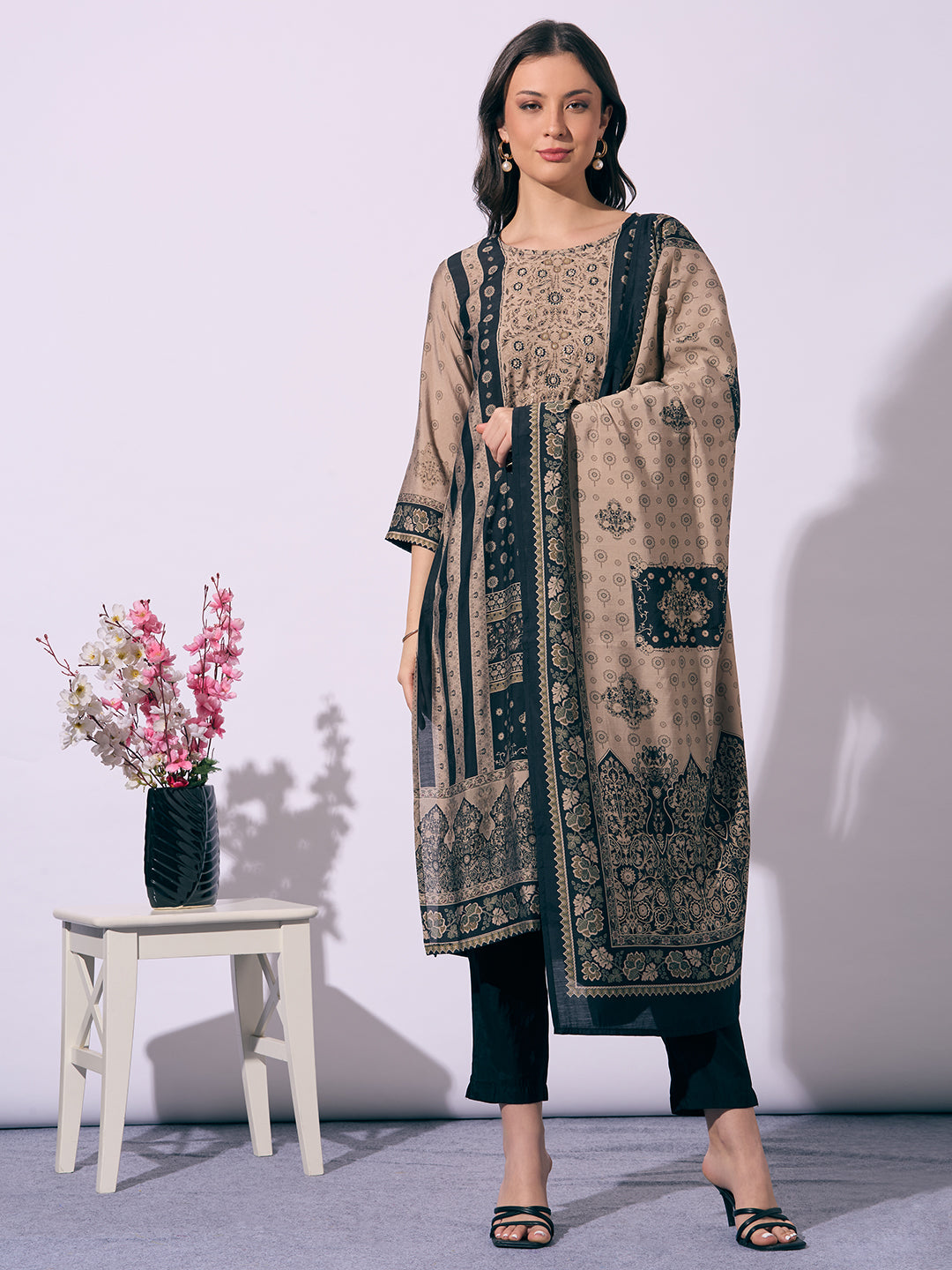 Ethnic Printed Straight Fit Kurta with Pant and Dupatta - Beige