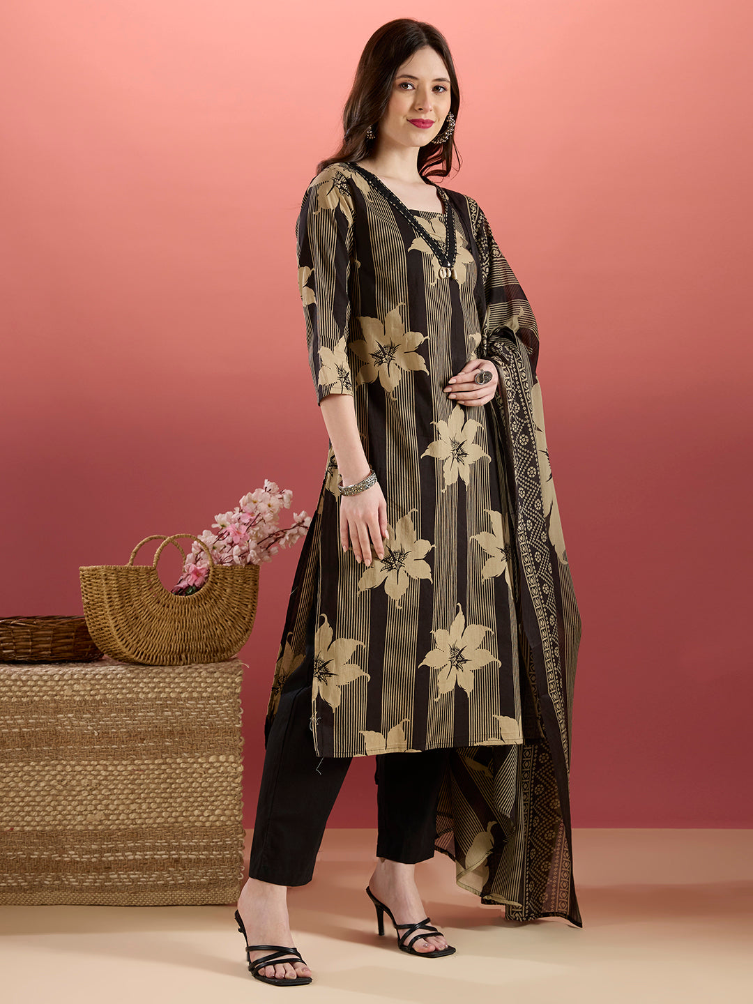 Stripes & Floral Printed Straight Kurta with Pant & Dupatta - Black