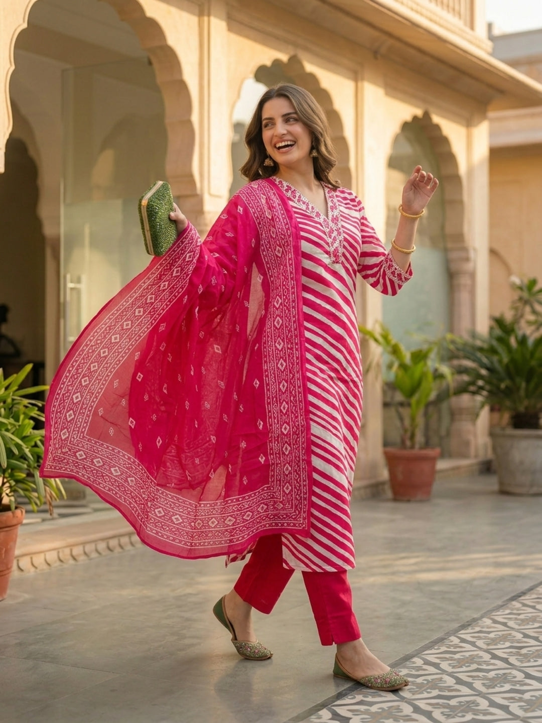 Leheriya Printed & Embroidered Straight Kurta with Palazzo & Dupatta - Pink