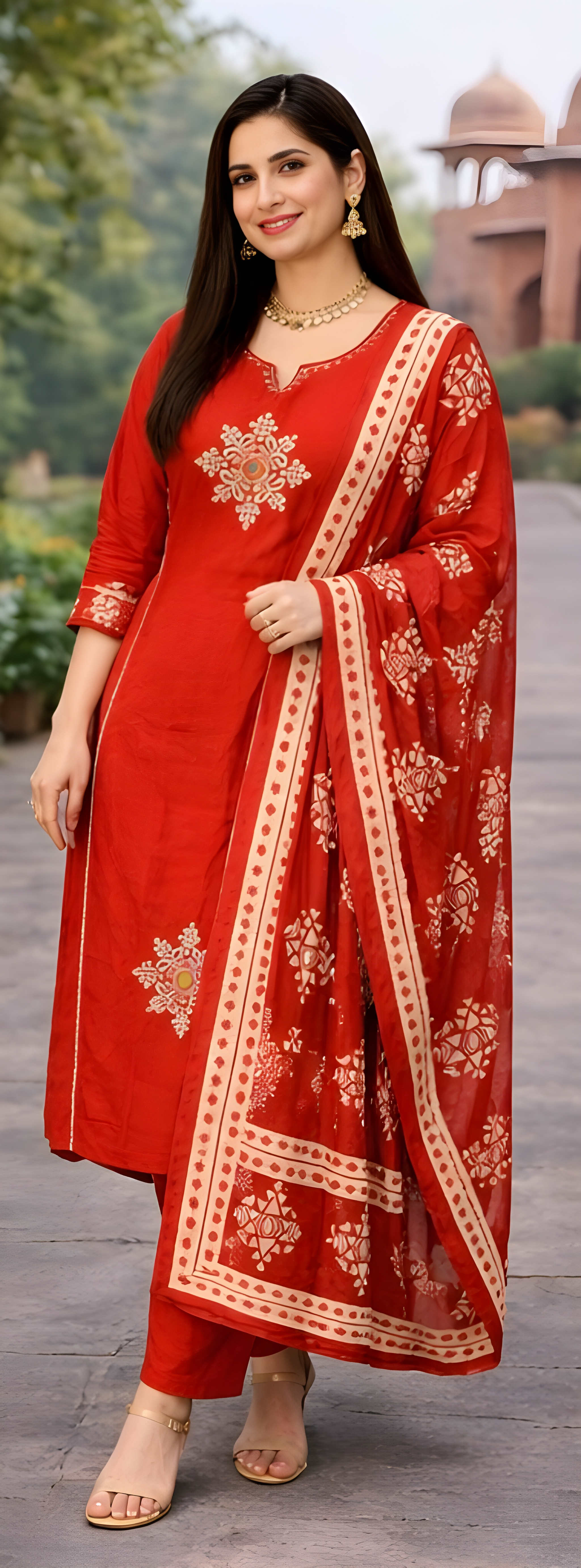 Floral embroidered A-line Kurta with Pant & Dupatta - orange 